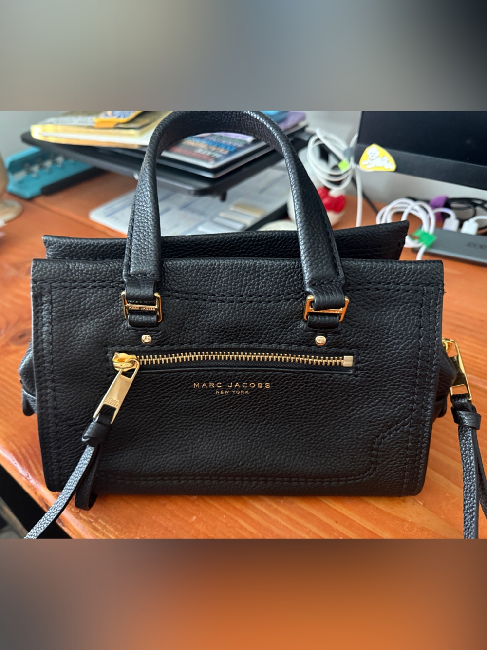 Marc Jacobs Black Pebbled Leather Satchel with Gold Hardware